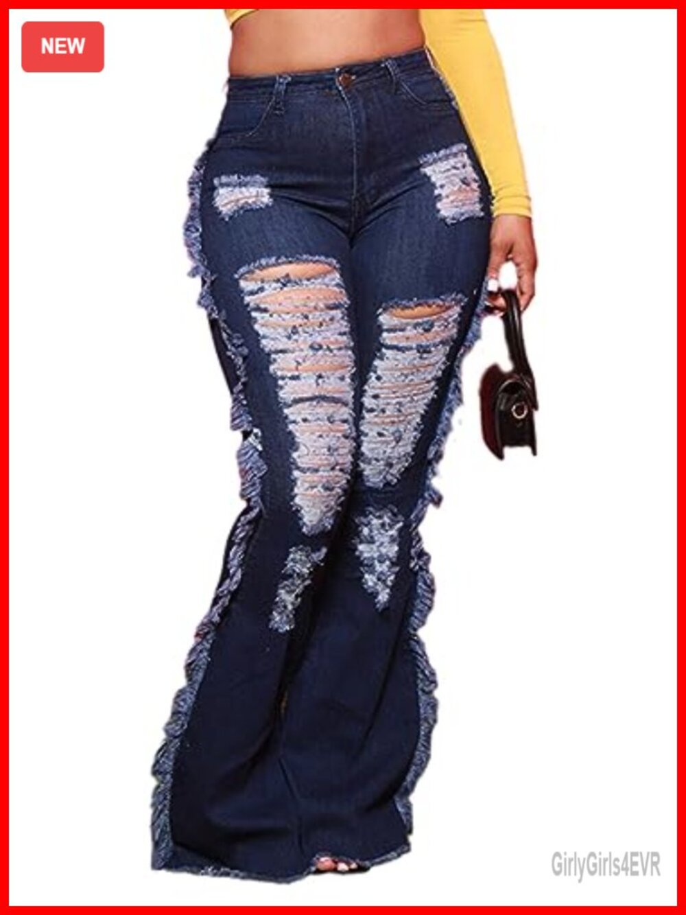 High Waisted Bell Bottom Flare Jeans Ripped Stretch Denim Tummy Control